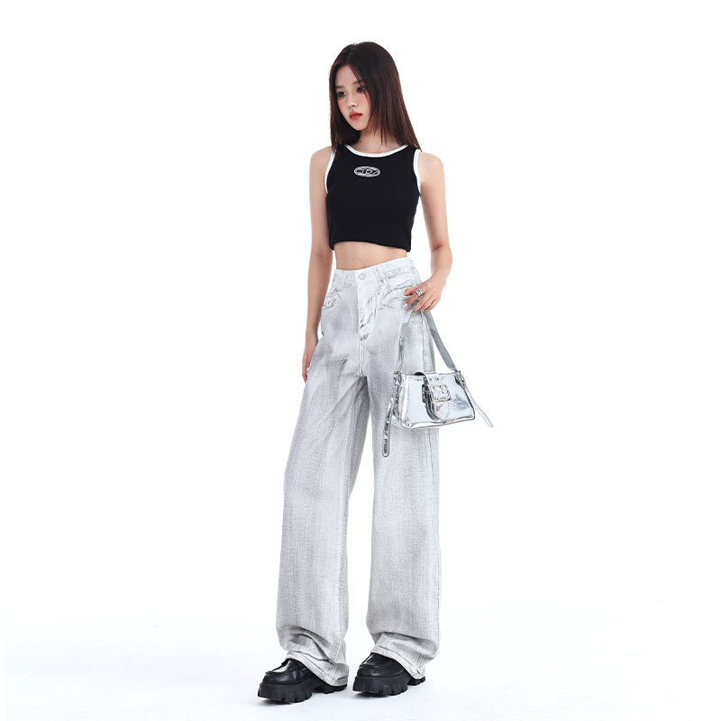 Frauen Jeans mit hoher Taille y2k American Vintage Baggy Straight Pants Hip Hop Street Style Mode Jeans hose mit weitem Bein