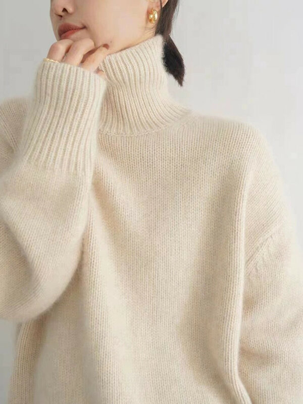 Camisola de caxemira de gola alta para mulheres 100% pura lã, tricô solto, pulôver de tamanho grande feminino, senhoras, outono, inverno, novo, 2023