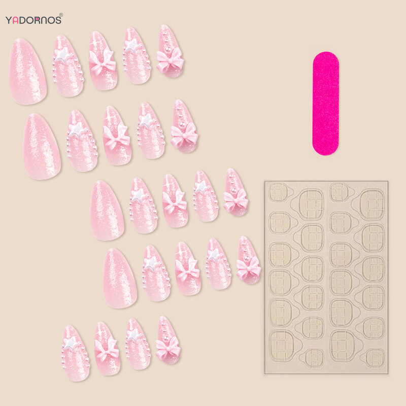 Uñas postizas de estilo francés para mujer, uñas postizas de estilo francés con diseño de lazo largo, bailarina, color rosa, 24 piezas