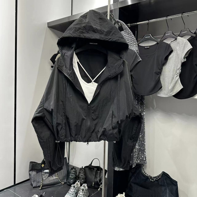 Koreanische Mode Crop Jacke Frauen schwarz Wind breaker Jacke lässig übergroße Jacken Sonnenschutz Streetwear Short Track Jacke