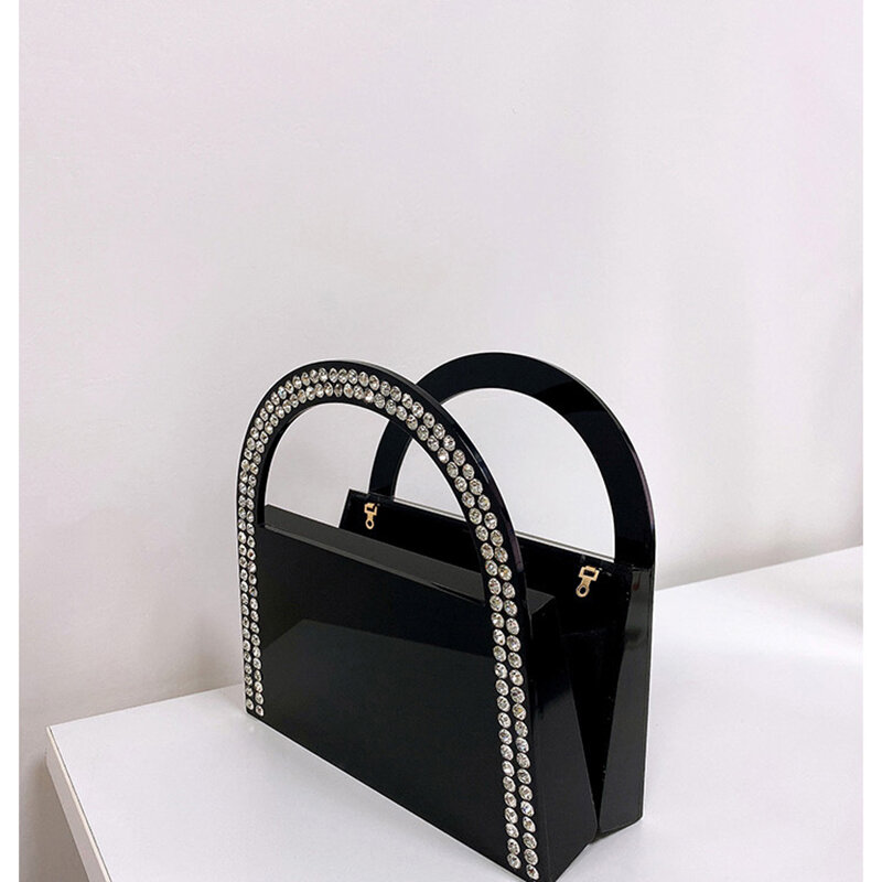 Tas genggam hitam akrilik wanita, tas dompet malam kotak akrilik berlian imitasi untuk pesta pernikahan, dompet dan tas tangan desainer mewah pegangan setengah bundar