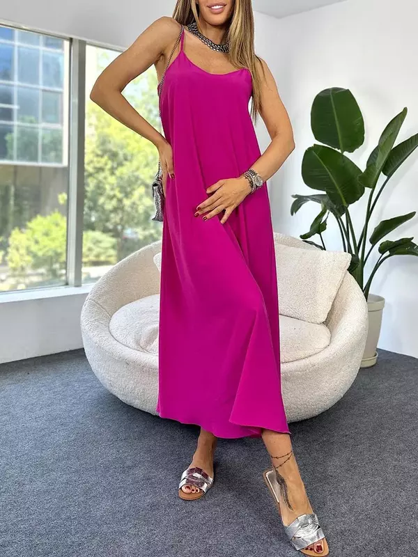 Sexy Satin Spaghetti Strap Dress for Women 2024 Summer Party Backless Dress Rose Red Home Wear Women's Pajamas Dress Vestidos