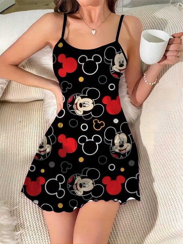 Disney-vestido Sexy elegante para mujer, falda de pijama de Mickey satinada, cuello redondo, ribete de lechuga, Minnie Mouse, Mini embellecedor elegante