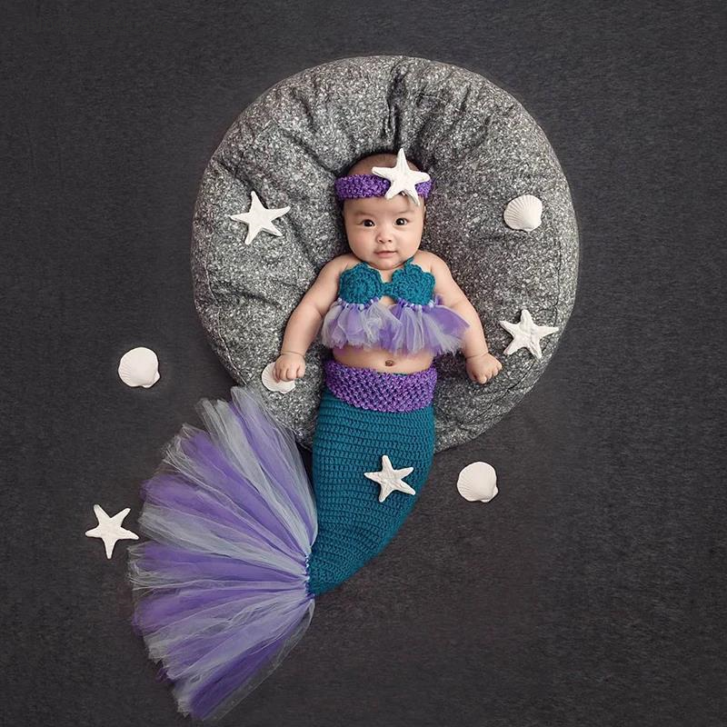 New Baby Girl Knitted Mermaid Costumes Tutu Mesh Lace Mermaid Tail Clothing Newborn Bebe Photography Props Starfish Headband