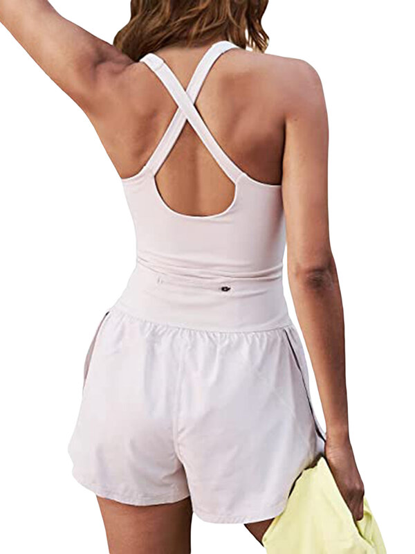Pagliaccetto da allenamento estivo da donna senza maniche in tinta unita pantaloncini da 1 pezzo vestito da corsa esercizio palestra vestiti da Yoga