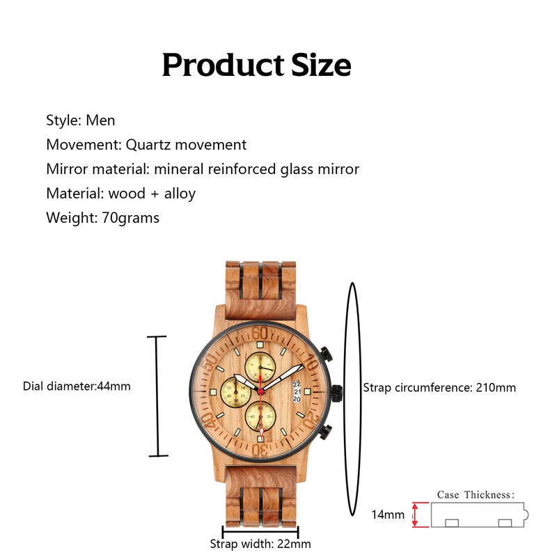Orologi in legno da uomo, quarzo giapponese in acciaio inossidabile e legno d'ulivo cinturino cronografo analogico calendario con lancette luminose