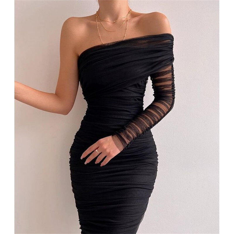 Женское длинное платье на одно плечо, черное Сетчатое привлекательное облегающее платье с диагональным воротником, облегающее платье для выпускного вечера, женское официальное вечернее платье, 2024