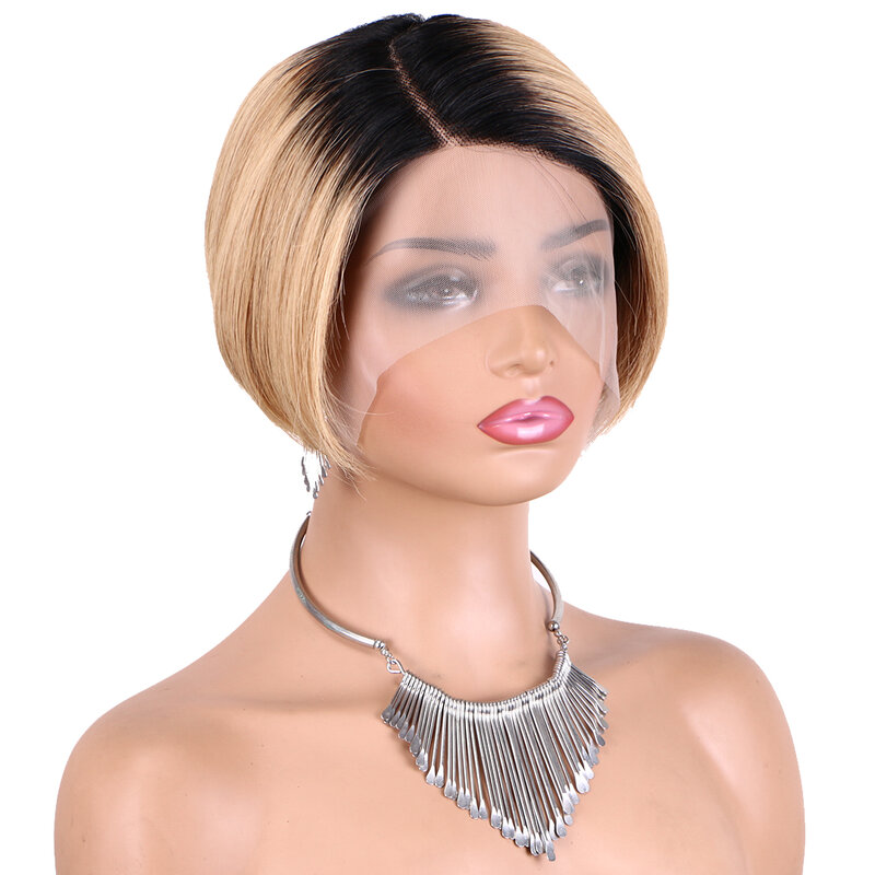 Wig potongan Pixie T1B/27 wig potongan Pixie berwarna pendek wig rambut manusia Sassoon Omber wig potongan Pixie renda Bagian T lurus 180%