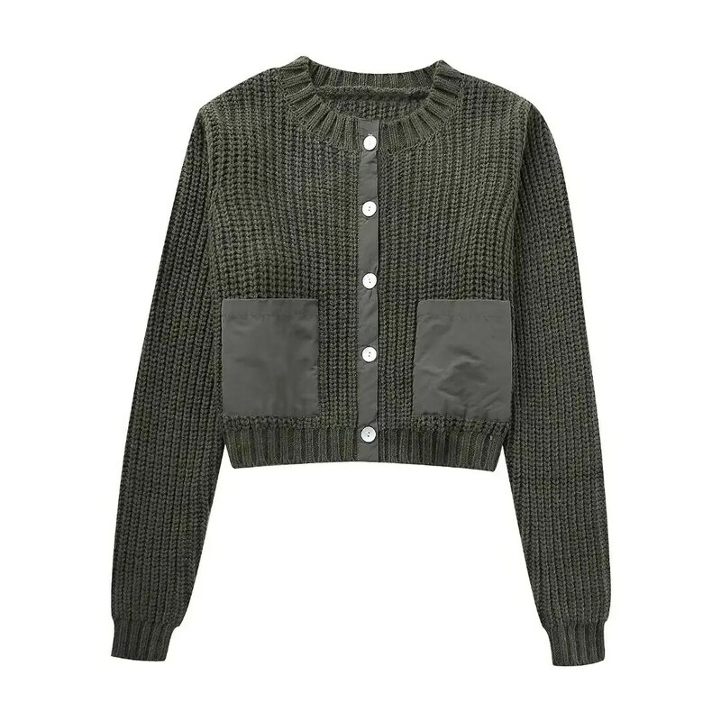 Women 2023 New Fashion Splice Pocket decoration Cropped Knitted Coat Vintage Long Sleeve Button-up Female Outerwear Chic Tops