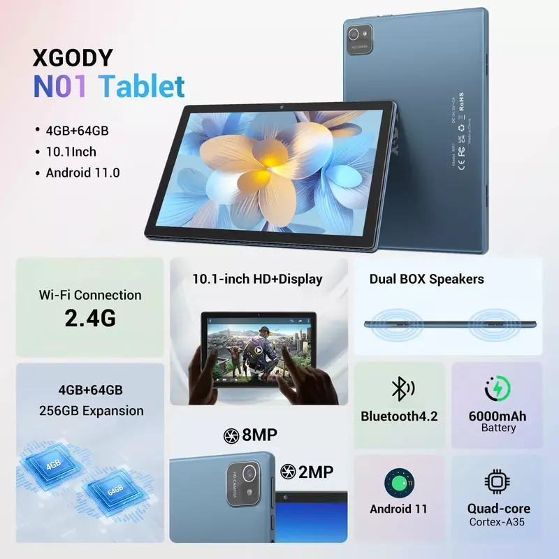 XGODY-Tablette Android N01 10 pouces, 4 Go 64 Go, écran IPS, 4 cœurs, ultra-mince, 5G, WiFi, Bluetooth, GPS, clavier PC en option