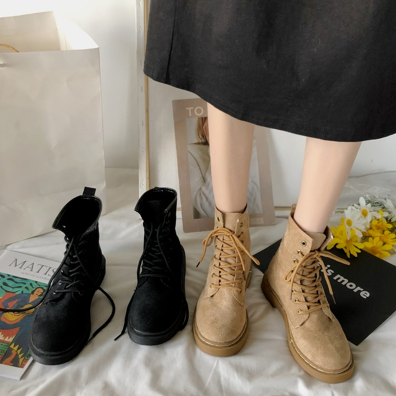 Spring Autumn 2022 Platform Boots for Women Fashion Retro Flock Ankle Riding Equestrian Square Heel Lace-up Shoes Woman Boots