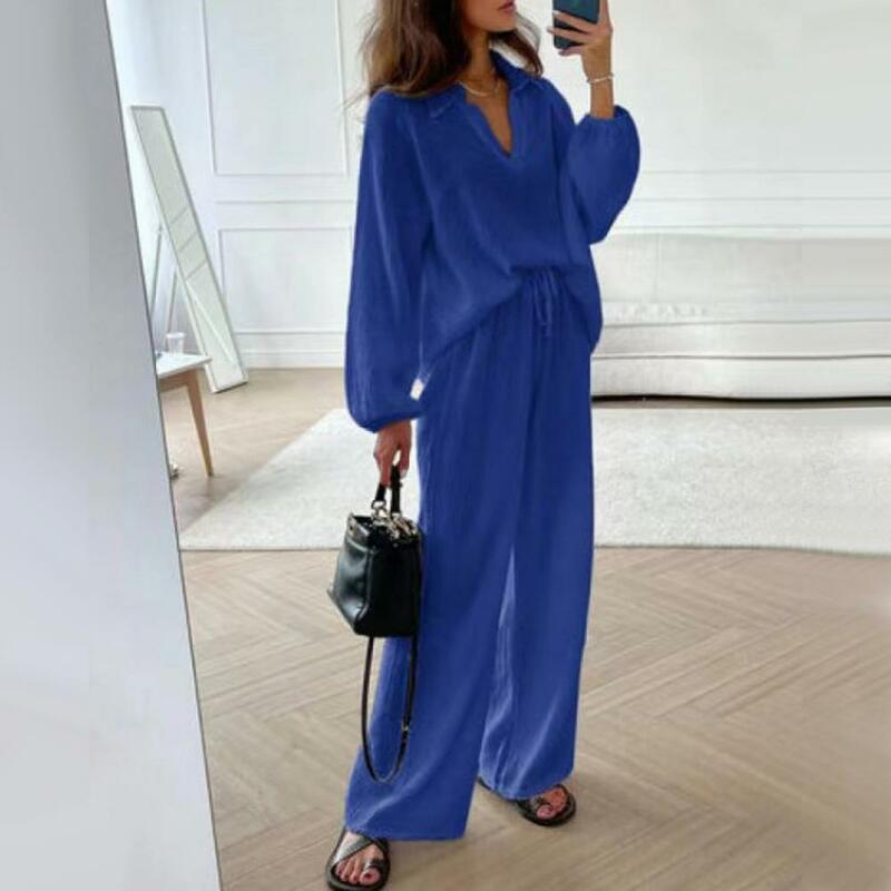 Top Pants Suit Women's V Neck Top Pants Set With Drawstring Waist 2 Piece Outfit For Wear Loose Breathable Solid Color Suit