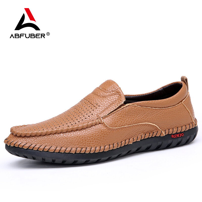 Sepatu Pria Kulit Asli Musim Panas Loafer Slip On Longgar Sepatu Kulit Kasual Pria Sepatu Flat Lembut Sepatu Berkendara Mokasin