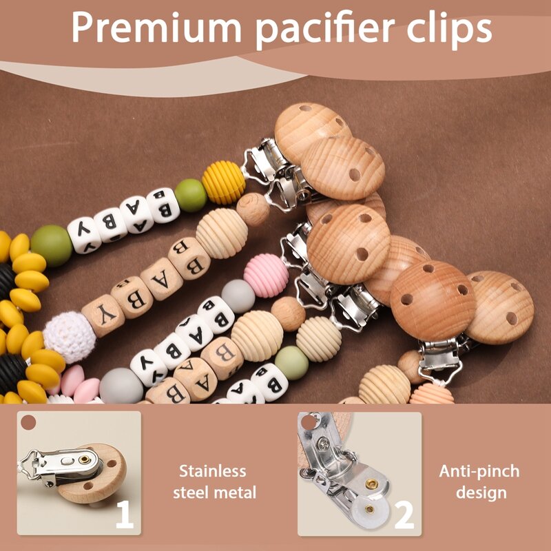 Baby clips de madeira chupeta com nome personalizado e girassol, seguro dentição anel, mastigar brinquedo, 1pc