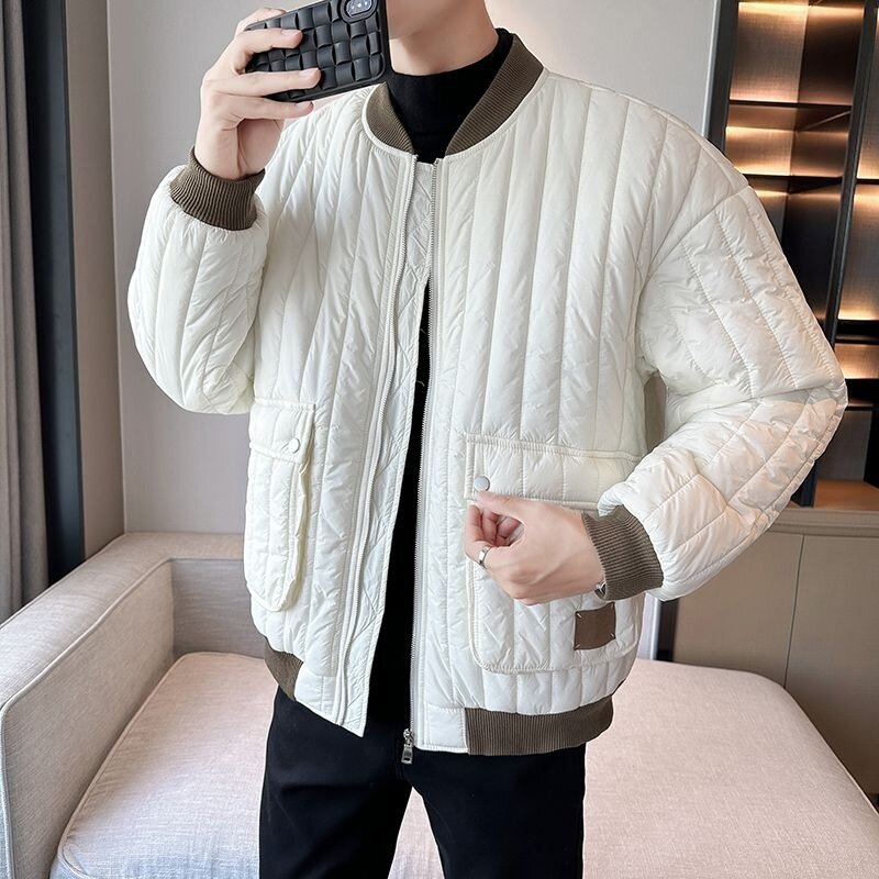 Men High Sense Loose Stand Collar Baseball Cotton-Padded Jacket Winter Male Solid Color Warm Outcoat Casual Versatile Outerwear