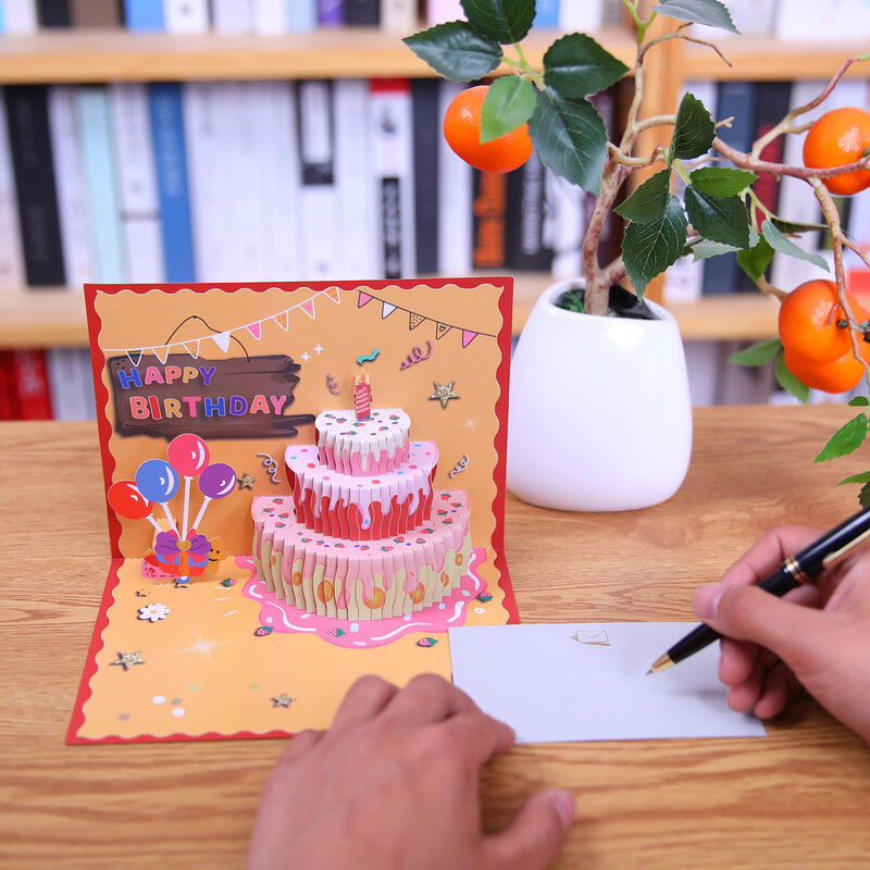 Cartões pop-up de bolo de feliz aniversário, cartões postais com envelope, presentes para meninas, crianças, esposa, marido, 3D