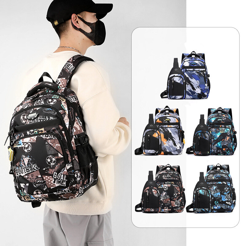 Set tas sekolah motif sepak bola, 2 buah tas sekolah motif sepak bola dengan tas dada, tas sekolah pelajar laki-laki perempuan pola baru, tas ransel modis