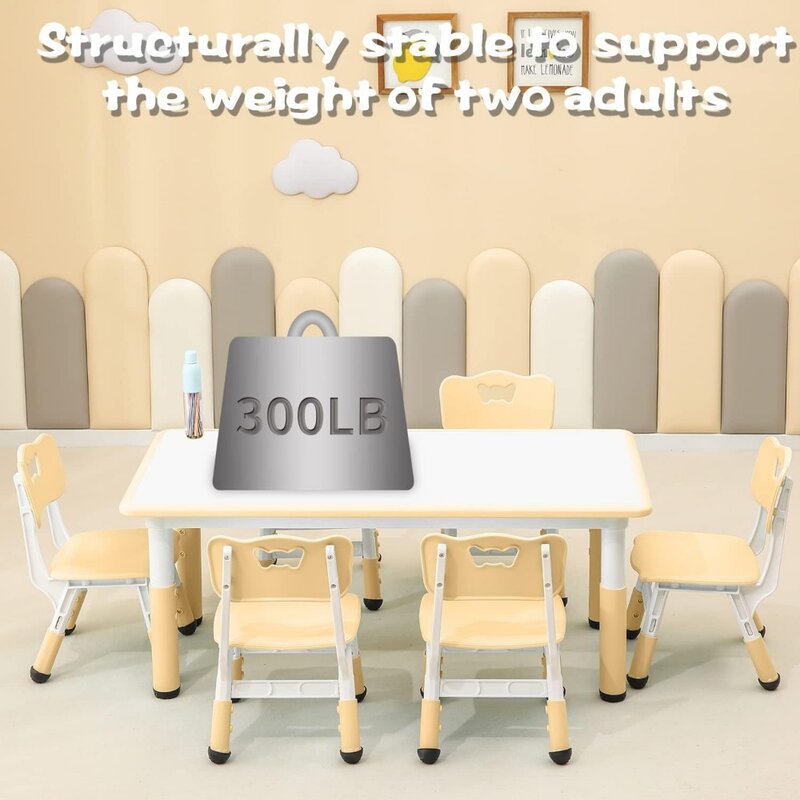 Juego de mesa y silla para niños, adecuado para mesas de pulverización de escritorio ajustables de 2-12 años, viene con 6 asientos (Color madera)