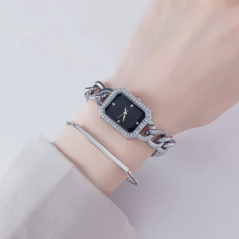 Montre à quartz carrée avec diamant pour femme, bracelet en acier inoxydable, horloge simple pour femme, robes de luxe