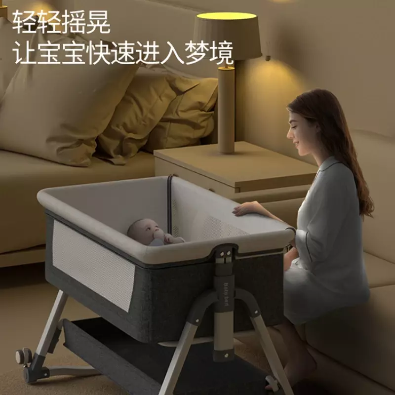Portable and Movable Baby Crib Foldable and Adjustable Height Splicing Large Bed Modern and Simple Baby Cradle Bed