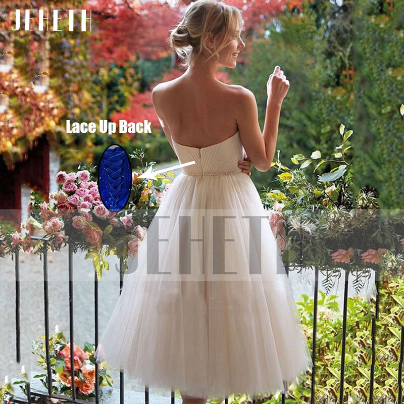 JEHETH elegante senza spalline Sweetheart a-line Tulle Pastrol Prom Dress pieghe Tea-lunghezza vita Bead abito da sera formale senza maniche