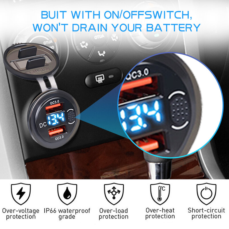 Car Charger QC3.0 Dual USB Cigarette Lighter Socket Waterproof With Voltmeter Switch Quick Charge Adapter 12/24V Car Accessories