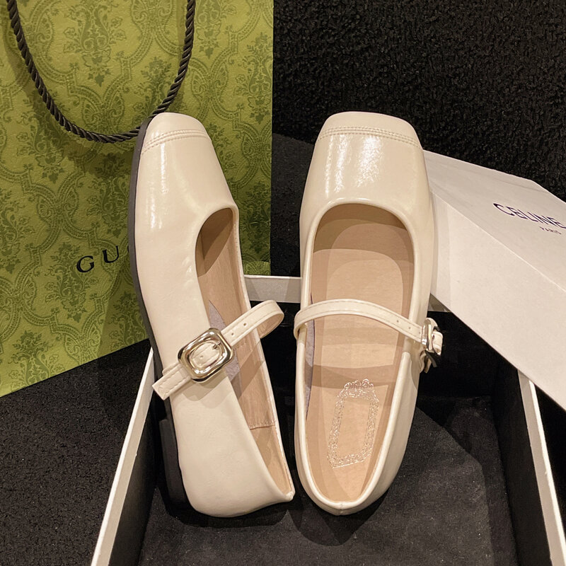 Zapatos planos Mary Jane con punta cuadrada para mujer, zapatillas de Ballet informales suaves con talón descubierto, color negro, novedad de verano, 2024