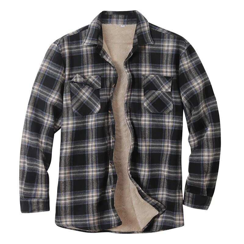 Camisa engrossa de pelúcia xadrez masculina, jaqueta quente, manga comprida, lapela, solta, casual, bolso quadriculado, outono, inverno, moda