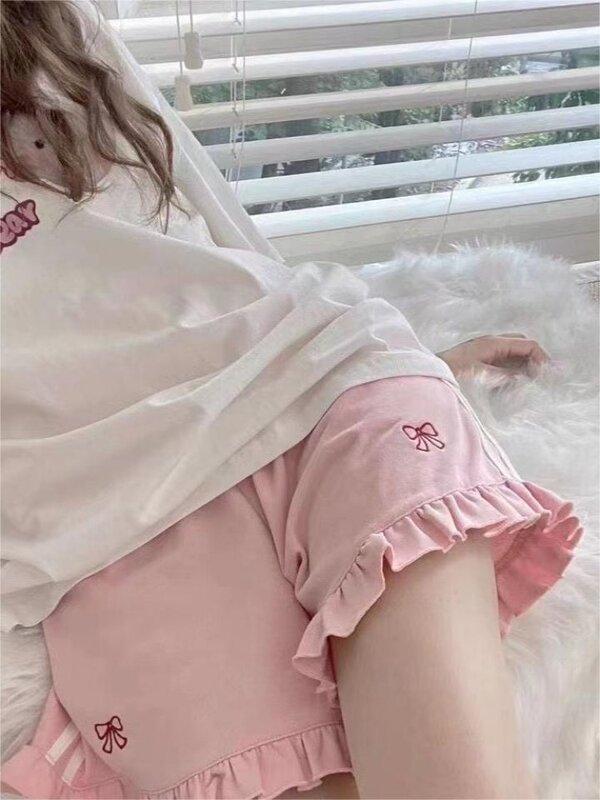 HOUZHOU Kawaii moda coreana pantaloncini a righe donna larghi pantaloni della tuta carini stile giapponese pantaloni dolci oversize sport estate