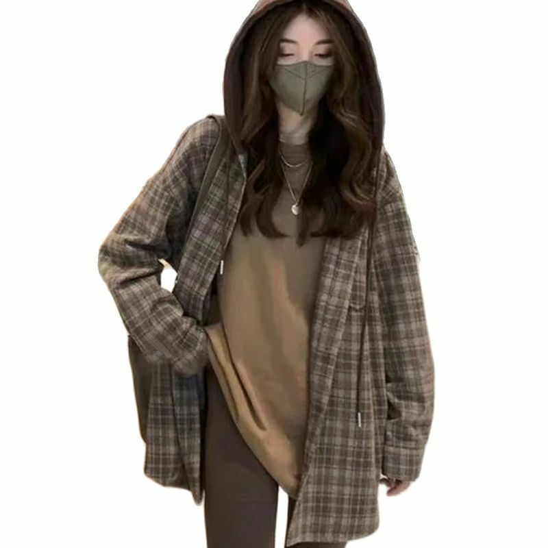 2-300 kg Fat MM Hooded Plaid Shirt Coat 2023 Spring Autumn New Korean Version Design Sense Small and Unique Loose Top Commuter V