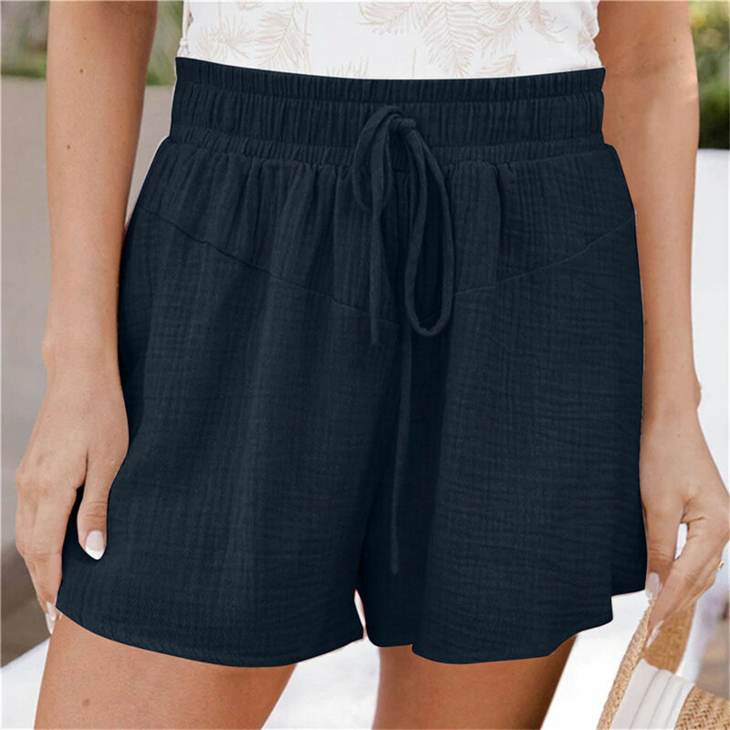 Shorts feminino solto elástico de cintura alta, calça curta de linho algodão, calça esportiva feminina de praia, casual, verão