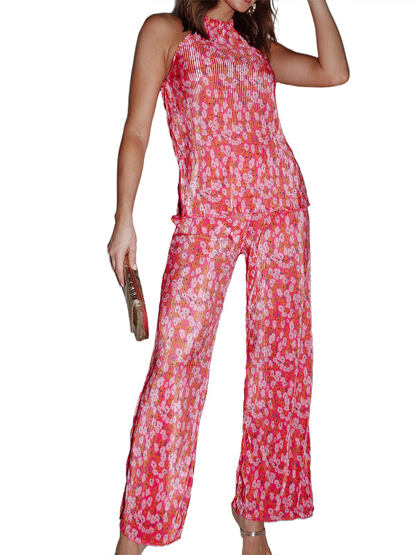 ชุดลำลอง2ชิ้นสำหรับผู้หญิงเสื้อกล้ามคล้องคอแขนกุดกางเกงลายดอกไม้สีพื้นชุดสตรีทแวร์