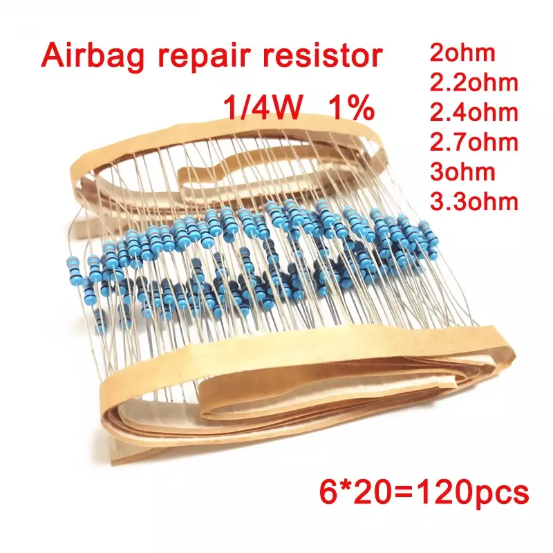 Resistencia de película metálica para reparación de Airbag de coche, Kit electrónico, 1/4W, 0,25 W, 1% resistencias, 2ohm, 2,2 ohm, 2,4 ohm, 2,7 ohm, 3Ohm, 3,3 ohm