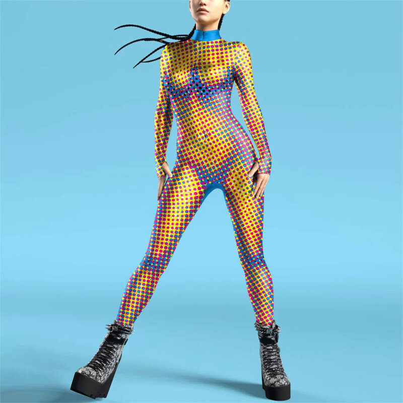 Fccexio dichte Farbe Punkte 3d Muster Frauen sexy Overall Erwachsenen Cosplay Kostüm Party Overalls Karneval Bodysuit S-XL Monos Mujer