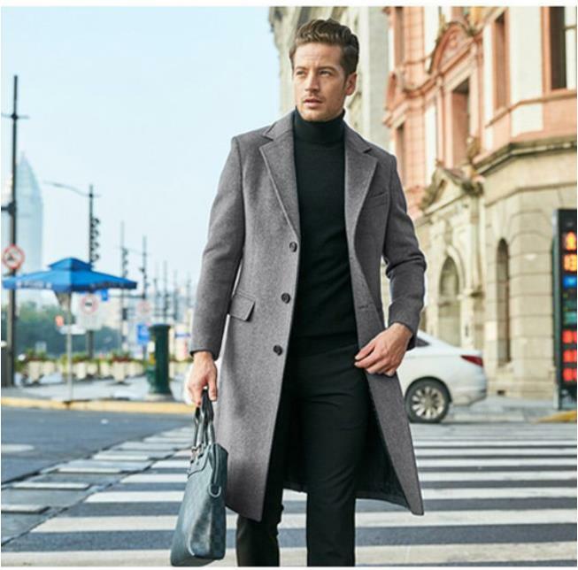 Men's Winter Woolen Coat Single Breasted Slim Fit Long Overcoat Solid Lapel Collar Autumn Winter Streetwear Jackets