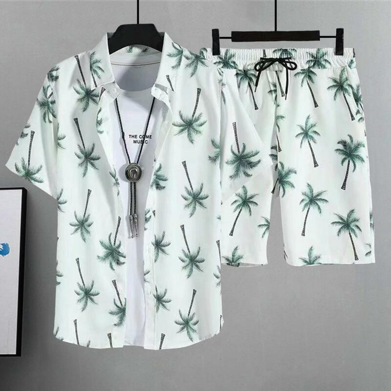 Комплект из рубашки и шортов в гавайском стиле, комплект из рубашки и шортов в гавайском стиле с воротником с лацканами и завязкой на талии для мужчин