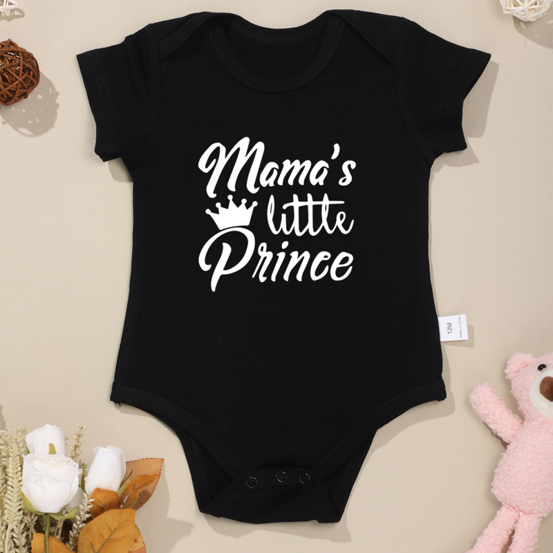 Baju pangeran kecil anak laki-laki Mama 100% katun hitam kualitas tinggi bayi baru lahir pakaian Bodysuit balita kasual murah pengiriman cepat