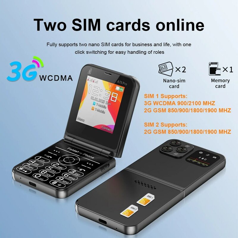 Servo a70 pro 3g wcdma Mobilfunk netz faltbares Mobiltelefon Kurzwahl Taschenlampe FM Radio Dual-SIM-Karte 2.6 "Flip-Handy