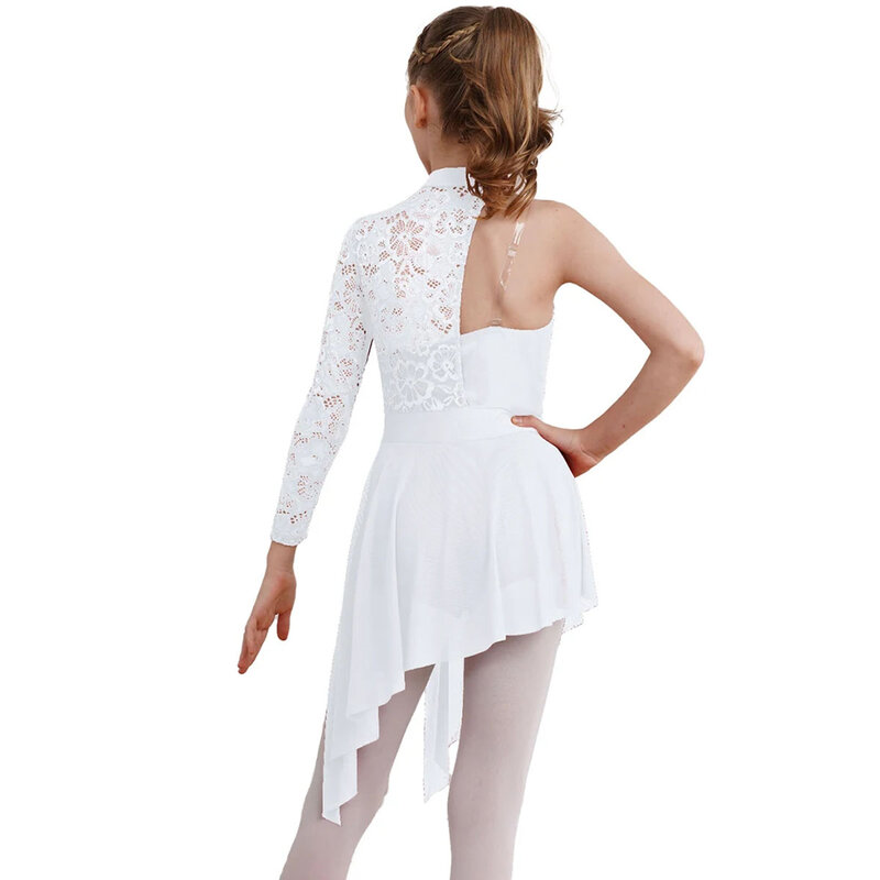 Gaun tari Modern anak perempuan, satu bahu Lyrical renda asimetris terpisah, figur balet senam, pakaian dansa Skating