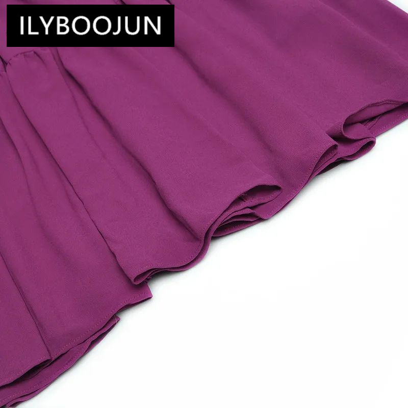 Gaun untuk wanita 202 merek mewah berkualitas tinggi gaun wanita kerah pita lengan lentera panjang ungu elegan gaun pesta berlipat