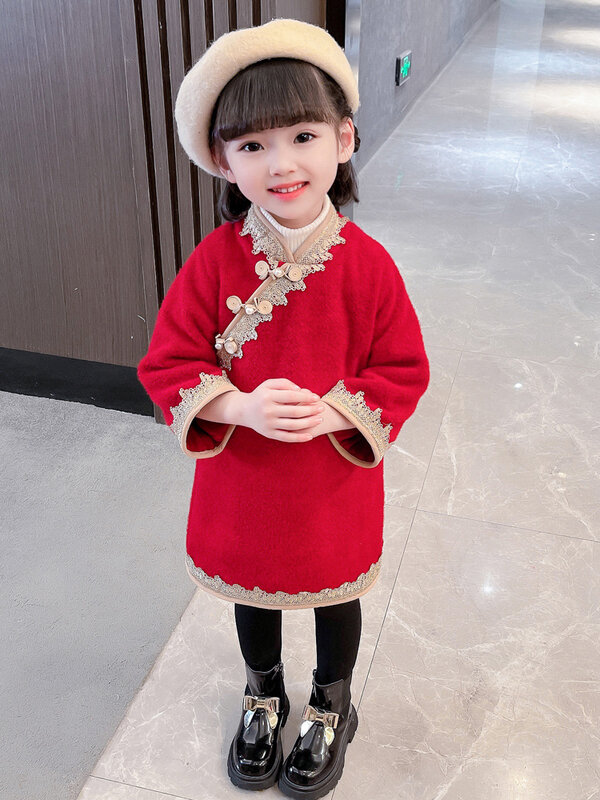 Чонсам для девочек, Династия Тан, зимняя одежда, детское плюшевое и утепленное платье нового года, красное теплое платье ханьфу, новая модель