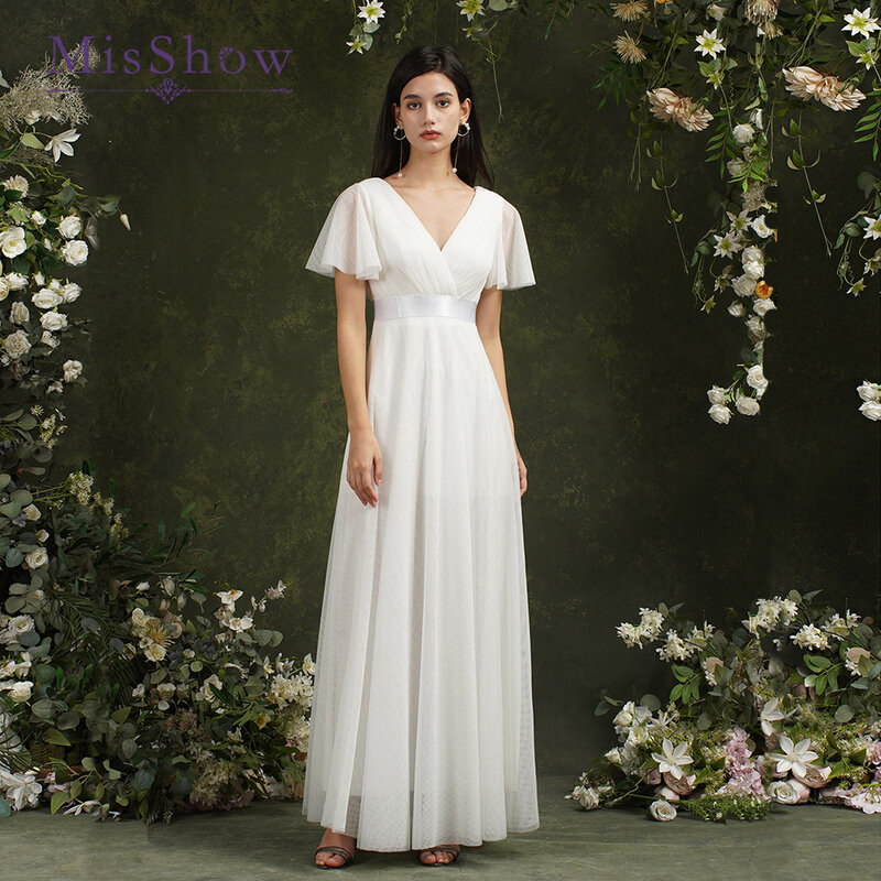 MisShow-vestidos de noiva brancos simples para mulheres, manga ampla, cinto de fita, vestido solto de tule longo verão