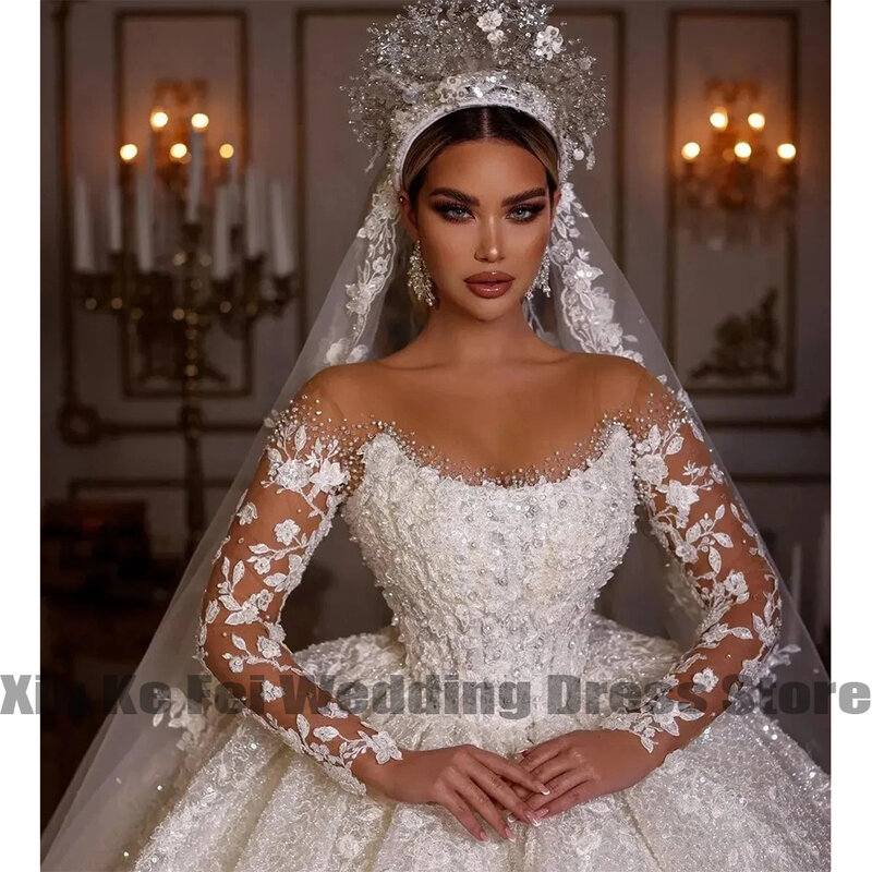 Роскошные кружевные женские свадебные платья, блестящие свадебные платья принцессы с длинным рукавом, трапециевидная бижутерия, официальное женское платье 2023