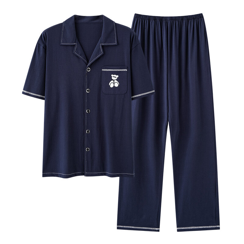 เซ็ตชุดนอนโมดอลแขนสั้นสำหรับผู้ชายชุดนอนคอปกเสื้อเสื้อตัวสั้น + กางเกงขายาวสำหรับฤดูร้อน M-4XL