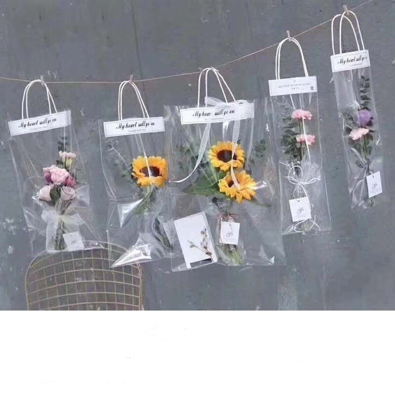 Sacchetto di imballaggio trasparente sacchetti di imballaggio per confezioni regalo di fiori in PVC di alta qualità per sacchetto di imballaggio per bancarelle di negozi di fioristi con manico