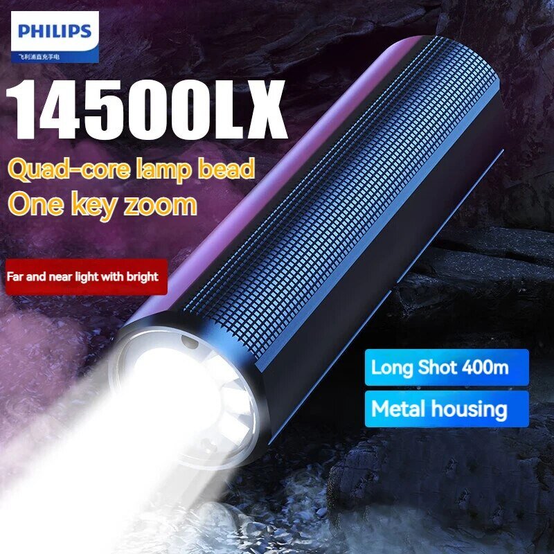 Philips Flashlight High Power with Type-C Charging 18650 Battery 4 Lighting Modes LED Flashlight Camping Light for Self Defense