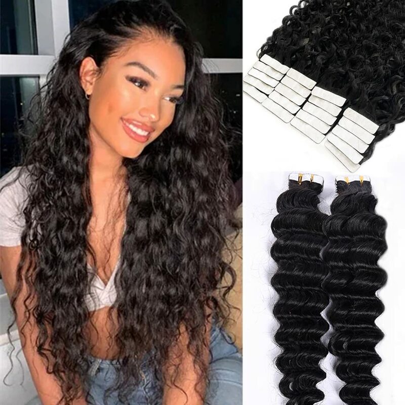 Deep Wave Tape In Hair Extensions Human Hair For Black Women 100% Remy Humen Hair 16-26Inch Skin Weft Tape Ins Natural Black #1B