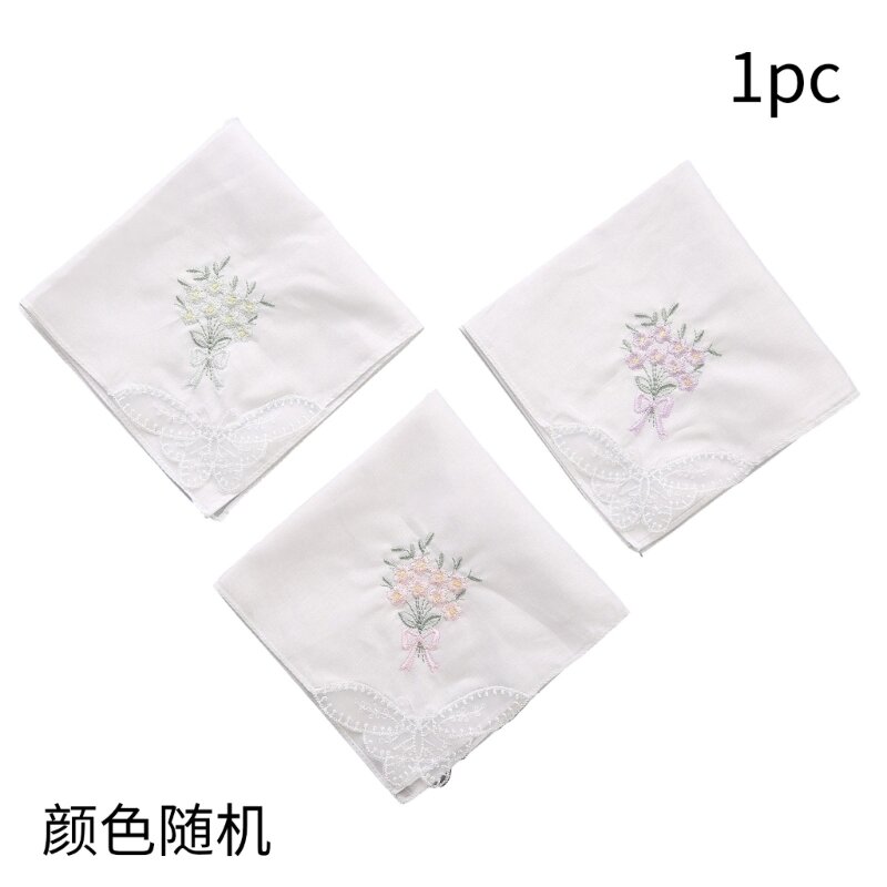 652F Ladies Cotton Embroidery Handkerchiefs Womens Soft Solid Candy Color Flowers Lace Edging Hankies for Wedding Party