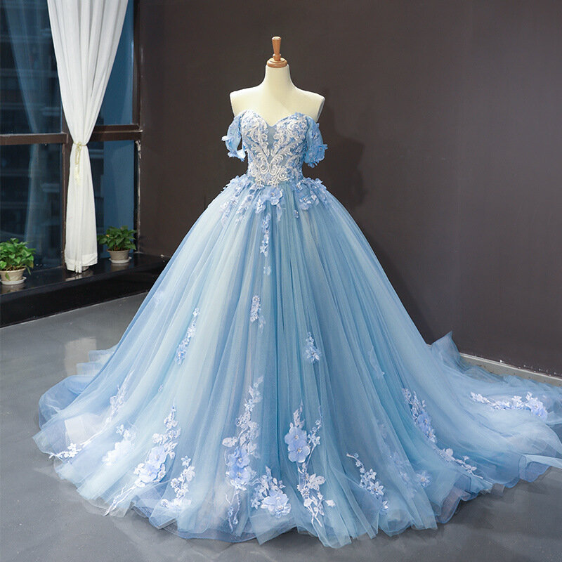 Niebieskie sukienki Quinceanera nowa klasyczna koronkowa suknia balowa z aplikacjami księżniczki z odkrytymi ramionami sukienka na studniówkę z mały pociąg niestandardowym rozmiarem