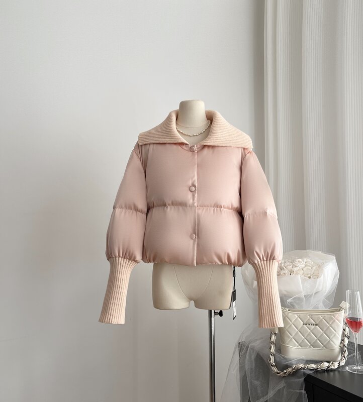여성용 시크한 세일러 칼라 퍼프 소매 화이트 덕 다운 재킷, 레이디 겨울 두꺼운 따뜻한 긴 소매 패딩 아우터